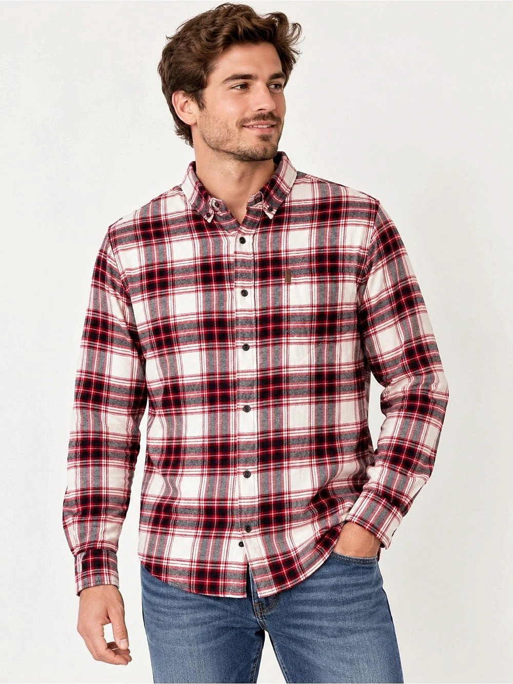 Chaps Performance Flannel Button-Down Shirt Men's Plaid Cotton Shirt Size LG